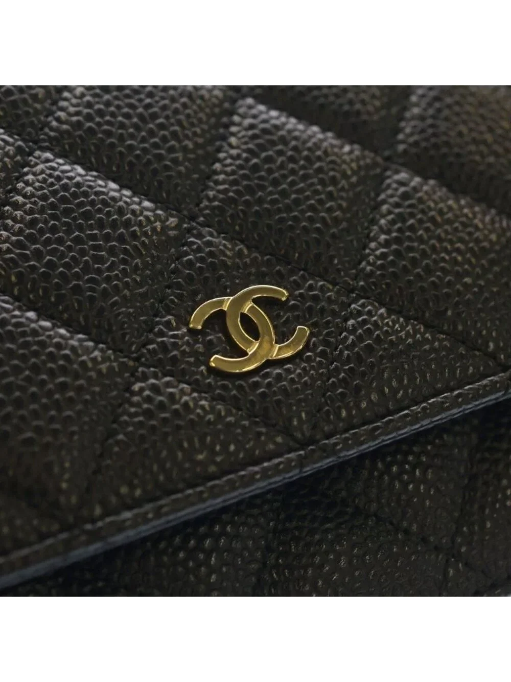 Chanel Quilted Caviar Leather Gold Chain Wallet Shoulder Bag Plate Black